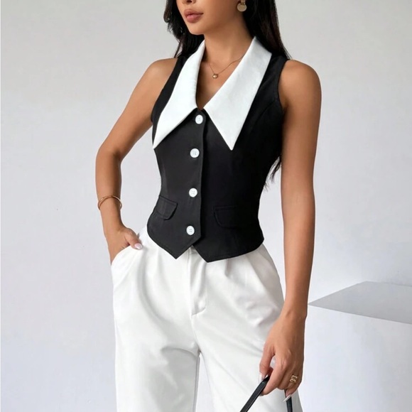 Classic Elegant Polka Dot Button Down Vest Office Work Top Black White - Picture 5 of 10